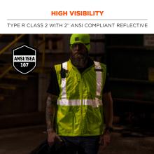 High visibility: type r class 2 with 2 inch ANSI/ISEA 107 compliant reflective.