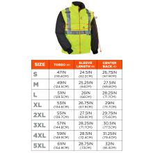 Size chart: Small S Torso 47IN 119.4CM Sleeve Length 24.5IN 62.2CM Center Back 26.75IN 67.9CM. Medium M Torso 49IN 124.5CM Sleeve Length 25.25IN 64CM Center Back 27.5IN 69.8CM. Large L Torso 51IN 129.5CM Sleeve Length 26IN 66CM Center Back 28.25IN 71.7CM. Extra Large XL Torso 53IN 134.6CM Sleeve Length 26.75IN 67.9CM Center Back 29IN 73.7CM. 2X Large 2XL Torso 55IN 139.7CM Sleeve Length 27.5IN 69.8CM Center Back 29.75IN 75.6CM. 3X Large 3XL Torso 57IN 144.8CM Sleeve Length 28.25IN 71.7CM Center Back 30.5IN 