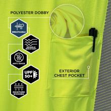 The shirt is made from polyester dobby fabric and includes an exterior chest pocket. It features breathable, wrinkle-resistant, anti-odor, moisture-wicking properties, and offers UPF 50+ sun protection.