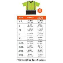 Size chart. XS: 39.4 in (100 cm) torso, 26.4 in (67 cm) center back. S: 41.3 in (105 cm) torso, 27 in (68.5 cm) center back. M: 43.3 in (110 cm) torso, 27.6 in (70 cm) center back. L: 46.3 in (117.5 cm) torso, 28.5 in (72.5 cm) center back. XL: 48.2 in (122.5 cm) torso, 29.1 in (74 cm) center back. 2XL: 50.2 in (127.5 cm) torso, 30.1 in (76.5 cm) center back. 3XL: 52.2 in (132.5 cm) torso, 31.1 in (79 cm) center back. 4XL: 54.1 in (137.5 cm) torso, 31.9 in (81 cm) center back. 5XL: 56.1 in (142.5 cm) torso,