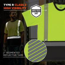 This is a Type R Class 2 high visibility shirt that meets ANSI/ISEA 107 standards. It includes 2-inch segmented reflective tape for enhanced visibility in low-light conditions.