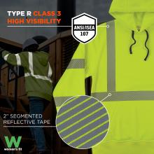 This sweatshirt is certified as Type R Class 3 for high visibility under ANSI/ISEA 107 standards and features 2" segmented reflective tape for increased safety in low-light environments.