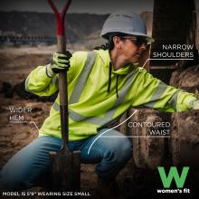 Tailored specifically for women, this sweatshirt offers a contoured waist, narrow shoulders, and wider hem for a flattering and functional fit, demonstrated by a 5'9" model wearing a size small.