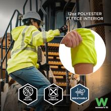 This women's fit sweatshirt features a 12oz polyester fleece interior that is anti-pilling, offers soft stretch, and is breathable for enhanced comfort on the job.