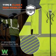 This sweatshirt is certified as Type R Class 3 for high visibility under ANSI/ISEA 107 standards and features 2" segmented reflective tape for increased safety in low-light environments.