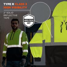 This hoodie is classified as Type R Class 3 high visibility under ANSI/ISEA 107 standards and features 2" solid reflective tape for enhanced safety and visibility on the job.