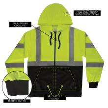 This essential hoodie includes a pullover hood with drawstring, full-zipper closure, ribbed cuffs, and a split-style front pocket for both convenience and comfort in high-visibility workwear.