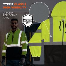 This hoodie is classified as Type R Class 3 high visibility under ANSI/ISEA 107 standards and features 2" solid reflective tape for enhanced safety and visibility on the job.