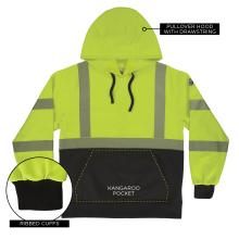 This performance hoodie is equipped with a pullover hood with drawstring, a kangaroo pocket for convenience, and ribbed cuffs for a secure fit during all-day work.