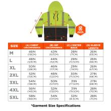 Size chart. Medium (M): Chest 46IN (118CM), Hip 42IN (107CM), Center Back 28IN (71CM), Sleeve Length 26IN (65CM). Large (L): Chest 48IN (123CM), Hip 44IN (112CM), Center Back 29IN (72.5CM), Sleeve Length 26IN (66CM). Extra Large (XL): Chest 50IN (128CM), Hip 46IN (117CM), Center Back 29IN (74CM), Sleeve Length 26IN (67CM). 2X Large (2XL): Chest 52IN (133CM), Hip 48IN (122CM), Center Back 30IN (75.5CM), Sleeve Length 27IN (68CM). 3X Large (3XL): Chest 54IN (138CM), Hip 50IN (127CM), Center Back 31IN (77.5CM)