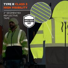 This hoodie is classified as Type R Class 3 high visibility under ANSI/ISEA 107 standards and features 2" solid reflective tape for enhanced safety and visibility on the job.