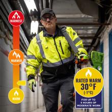 Jacket is rated warm to 30 degrees fahrenheit or -1 degrees celsius for up to 5 hours of moderate work.