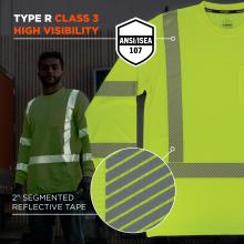 This shirt meets ANSI/ISEA 107 standards as a Type R Class 3 high-visibility garment and features 2" segmented reflective tape for enhanced visibility and safety.