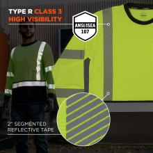 This shirt meets ANSI/ISEA 107 Type R Class 3 high visibility standards and features 2” segmented reflective tape for maximum visibility in low-light conditions.