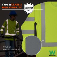 This women’s fit shirt is certified as ANSI/ISEA 107 Type R Class 3 high visibility. It is equipped with 2-inch solid reflective tape for enhanced visibility and safety.