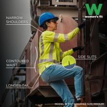 The women’s fit shirt is designed with narrow shoulders, a contoured waist, longer tail, and side slits for a more tailored and comfortable fit; shown worn by a 5'9" model in size medium.