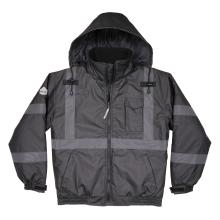 Front view of enhanced visibility reflective winter bomber jacket