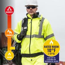 Jacket is rated warm to 10 degrees fahrenheit or -12 degrees celsius for up to 5 hours of moderate work.