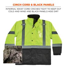 Cinch cord and black panels. Internal waist cord cinches tight to keep out cold and wind, and black panels hide dirt.