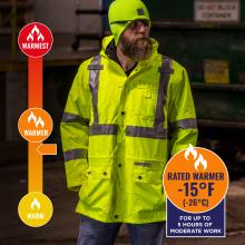 Jacket is rated warmer to -15 degrees fahrenheit or -26 degrees celsius for up to 5 hours of moderate work.