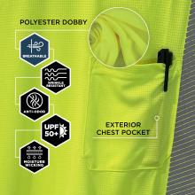 The shirt is made from breathable, wrinkle-resistant polyester dobby material with anti-odor and moisture-wicking properties, and provides UPF 50+ sun protection. It also features an exterior chest pocket.
