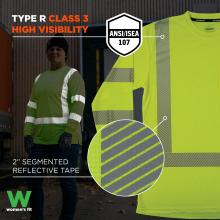 The shirt is certified for ANSI/ISEA 107 Type R Class 3 high visibility, featuring 2” segmented reflective tape for enhanced safety. The women's fit is also noted.