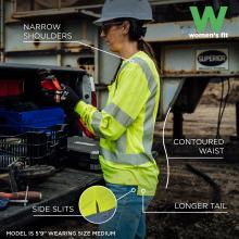 Designed for a women’s fit with narrow shoulders, contoured waist, longer tail, and side slits for better movement; model is 5'9" wearing size Medium.