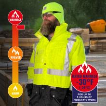 Jacket is rated warmest to -30 degrees fahrenheit or -34 degrees celsius for up to 5 hours of moderate work.