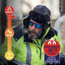 Jacket is rated warmest to -55 degrees fahrenheit or -48 degrees celsius for up to 5 hours of moderate work.