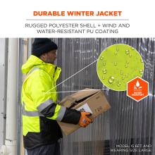 Person in neon yellow hi-vis winter jacket with hood and reflective stripes, wearing orange gloves and holding boxes; inset shows water droplets.