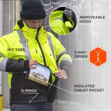 Person wearing high-visibility yellow jacket with reflective stripes holding a tablet; callouts show removable hood and 2-way zipper.