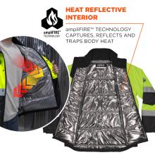 Neon yellow work jacket opened to show silver, heat-reflective quilted interior lining; partial person holding jacket and flame logo and heading above.