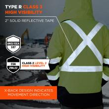 Back view of person in lime high-visibility jacket with white reflective X and waist stripe, hood up, blurred construction site background