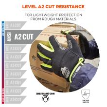 Level A2 Cut Resistance: For lightweight protection from rough materials. Gloves are compliant to ANSI/ISEA 105 and EN388 3X22B safety standards.