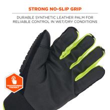 Black glove with neon green fingertip accents and textured no-slip palm; partial orange 'touchscreen friendly' badge visible.