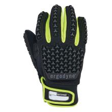 Close-up of black glove back with textured rubber grip panels and neon yellow fabric between fingers, Velcro wrist strap