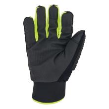 Close-up of black textured glove showing four fingers with neon yellow side panels and a neon-trimmed cuff