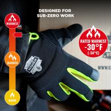 Black insulated work glove with neon yellow-green finger openings, shown with red warmth rating badges and bold text "DESIGNED FOR SUB-ZERO WORK".