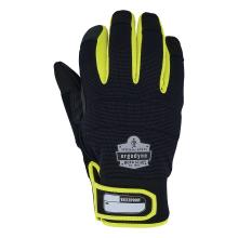 Close-up of black protective work glove with neon yellow finger accents, reinforced fingertips, wrist tag and waterproof ID/label window