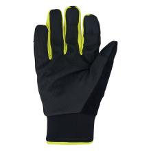 Close-up of a black textured glove showing four fingers with neon yellow inner seams and neon-trimmed cuff