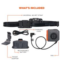 What’s Included: The kit includes a universal helmet strap, mount adapter, rechargeable battery, charging cord, and fan. All essential components for setup and use are provided.