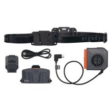 Components of a hard hat fan kit include a strap, charging cord, hard hat clip, rechargeable power bank and hard hat fan module