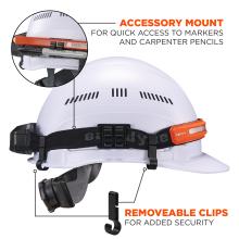 Accessory Mount: This headlamp features an accessory mount for quick access to markers and carpenter pencils. It also includes removable clips for added security of headlamp straps or accessories.
