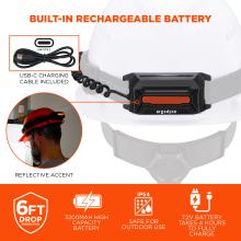 Built-In Rechargeable Battery: The headlamp includes a built-in 3200mAh high-capacity rechargeable battery with USB-C charging cable included. It has a reflective accent for visibility and is rated IP54 for safe outdoor use. The 7.2V battery takes 4 hours to fully charge and withstands drops up to 6 feet.