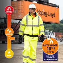 Jacket is rated warmer to -10 degrees fahrenheit or -23 degrees celsius for up to 5 hours of moderate work.