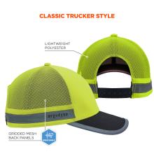 Two neon yellow-green trucker caps showing gridded mesh back panels, reflective strip, black snapback closure and curved black brim with grey edge.