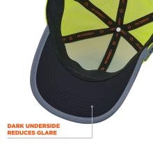 Close-up of a hat interior showing a dark brim underside, neon yellow mesh lining, black crisscross sweatband with orange text and center snap.