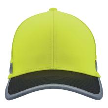 Close-up front of neon yellow baseball cap showing stitched panels, top button and dark curved brim with gray edging