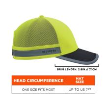 Close-up of neon yellow safety cap with mesh crown, reflective band and dark curved brim