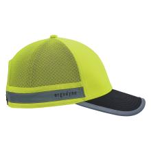 High-visibility yellow mesh baseball cap with reflective band and dark curved brim